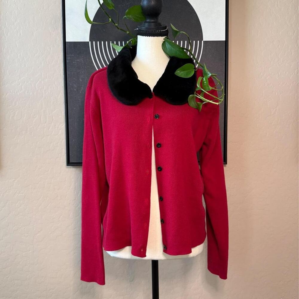 Vintage Red Cardigan Black Faux Fur Collar Button Front Sweater Large